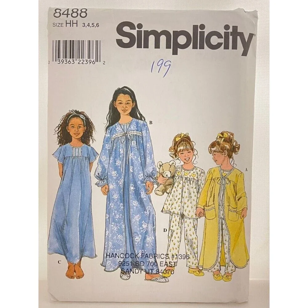 #8488 Simplicity Childs and Girls Sleepwear Sewing Pattern Size 3-6